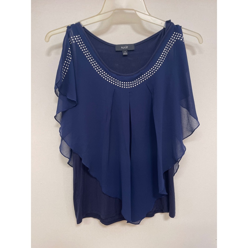 NAÏF Navy Blue Studded Chiffon Layered Flutter Sleeve Blouse Small